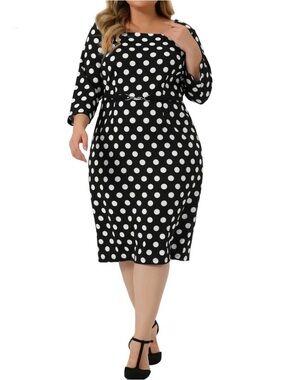 Agnes Orinda Plus Size Formal Polka Dots 3/4 Sleeve Belt Bodycon Midi Dress, 1X